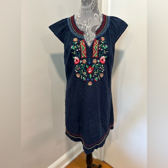 Lucky Brand Womens Sz: M Linen Bland Navy Blue Embroidered Neckline V-Neck Dress - Picture 1 of 10